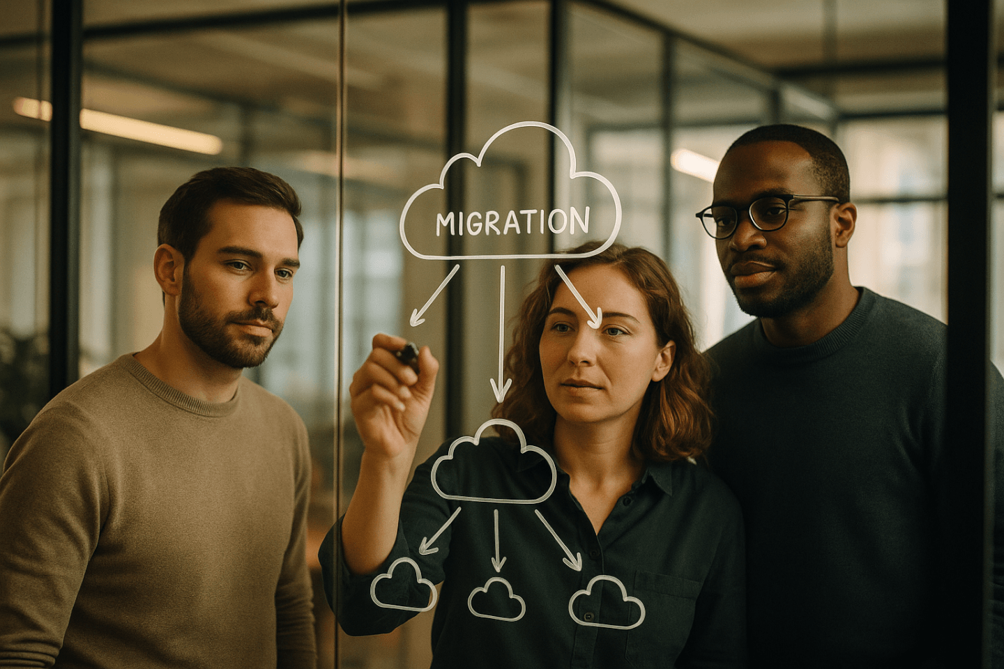 IT team planning a cloud migration at a whiteboard