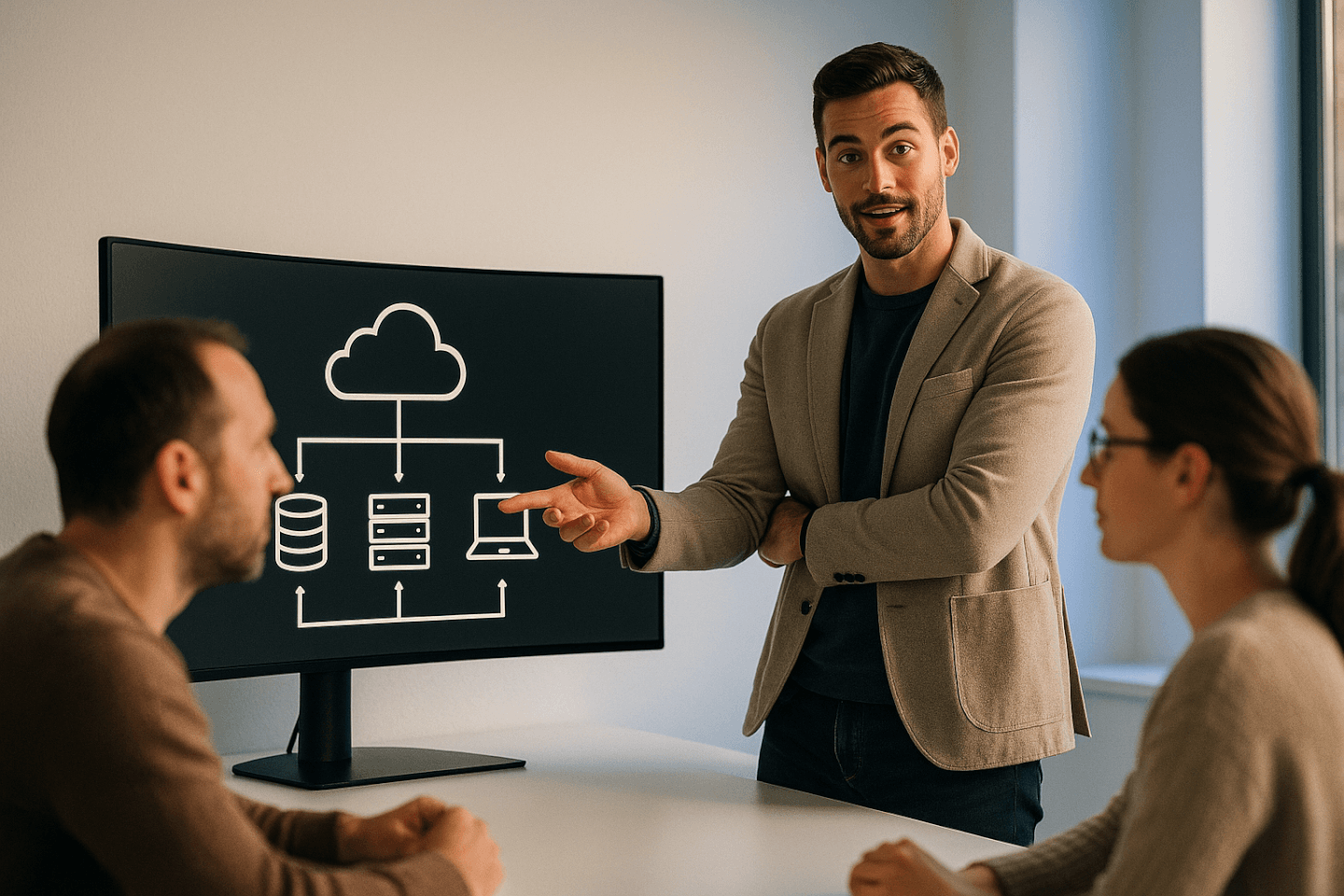 IT consultant presenting cloud architecture on a monitor