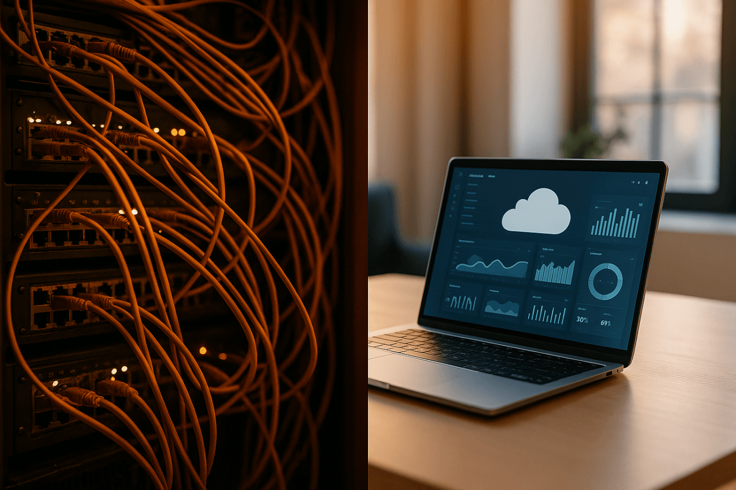 Contrast between old server rack and modern cloud dashboard